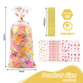 COQOFA 100 Pcs 5"X11" Cello Cellophane Treat Bags Party Favor bags Pink Candy Cookie Bags Clear Plastic Goodie Bags with Twist Ties for Gift,Baby Shower, Birthday, Wedding,Party