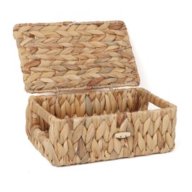 Moosky Wicker Shelf Baskets with Lid, Rectangular Storage Basket Bins with Handles Handwoven Home Desk Organizer Decor Boxes (Natural, X-Small)