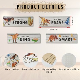 Zoyiancy 4PCS Dinosaur Sign for Wall, Wooden Hanging Signs Positive Plaque, Watercolor Dinosaur Motivational Art Bedroom Decor for Boys Girls