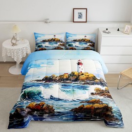 Castle Fairy Sea Lighthouse Comforter Set Queen Size,Watercolor Blue Ocean Oil Painting Bedding Set for Women Adult,Reef Sea Wave Sky Hawaiian Scenery Luxury Bed Duvet Insert, 2 Pillowcases