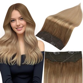 Fshine Invisible Wire Hair Extensions 10/14 Golden Brown to Dark Blonde Transparent Fish Line Clip in Extension Human Hair 18 Inch Secret Hairpiece 120G
