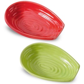 Spoon Holder for kitchen Counter, Porcelain Spoon Rest Set of 2 for Stove Top, Cooking Spatula Holder for Spoon, Ladle and Tong, Farmhouse Kitchen Coffee Bar Accessories and Decor, Red and Green