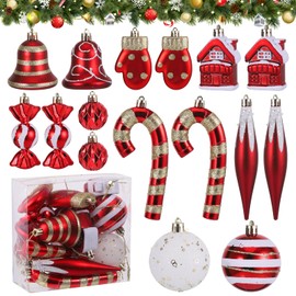 Huiguli Christmas Tree Decoration, 16 Pcs Christmas Tree Baubles, Shatterproof Christmas Tree Decorations Balls, Glitter Decorated Baubles for Xmas Christmas Wedding, Red Gold White