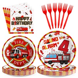 Grencian 96Pcs 4th Fire Truck Birthday Party Supplies Sound Alarm 4th Birthday Plates and Napkins Tableware Set Red White Disposable Decoration for 4 Years Old Fire Theme Fireman Firetruck Serve 24