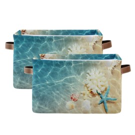 AUUXVA Storage Basket Tropical Sea Beach Starfish Seashell Storage Cube Box Durable Canvas Collapsible Toy Basket Organizer Bin with Handles for Shelf Closet Bedroom Home Office