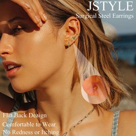 Jstyle Hypoallergenic Surgical Steel Earrings for Sensitive Ears 14K Gold Flat Back Earrings for Women Men Small Stainless Steel Earrings Flatback Stud Hoop Cartilage Earring Set for Multiple B