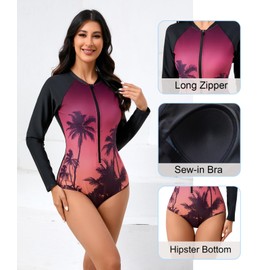 Halcurt Women's Long Sleeve One Piece Rash Guard Swimsuit Zip Front UPF50+ Surfing Swimwear Pink Sunset S