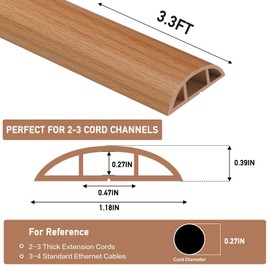 LSGCQ Floor Cord Cover Self Adhesive Cord Hider Floor Extension Cord Covers for Floor Power Cord Protector Cable Management Prevent Cable Trips Cable Cavity 0.47" W x 0.27" H (Light Brown Wood, 3.3Ft)
