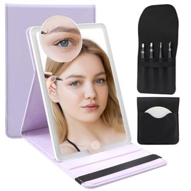 WangSelect - Espejo de tabel con luz, LED plegable para maquillaje de viaje con espejo de aumento magnético portátil de 10 veces, 3 ajustes de luz, espejo de cambiador de viaje ultrafino, compacto, regulable, color morado