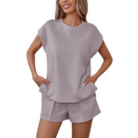 Famulily Women Summer Outfits Pullover Tops and Loose Short Sweatpants Round Collar Leisure Suit Purple M