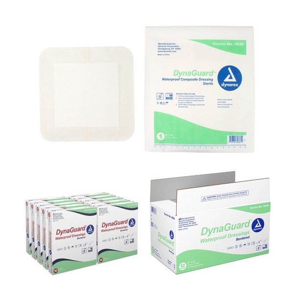 Dynarex DynaGuard Waterproof Dressings, Sterile, Four-Layer Composite Dressing, Offers Optimal Moist-Environment, Bordered - 6" x 6", 1 Case of 120 Dressings (12 Boxes of 10)