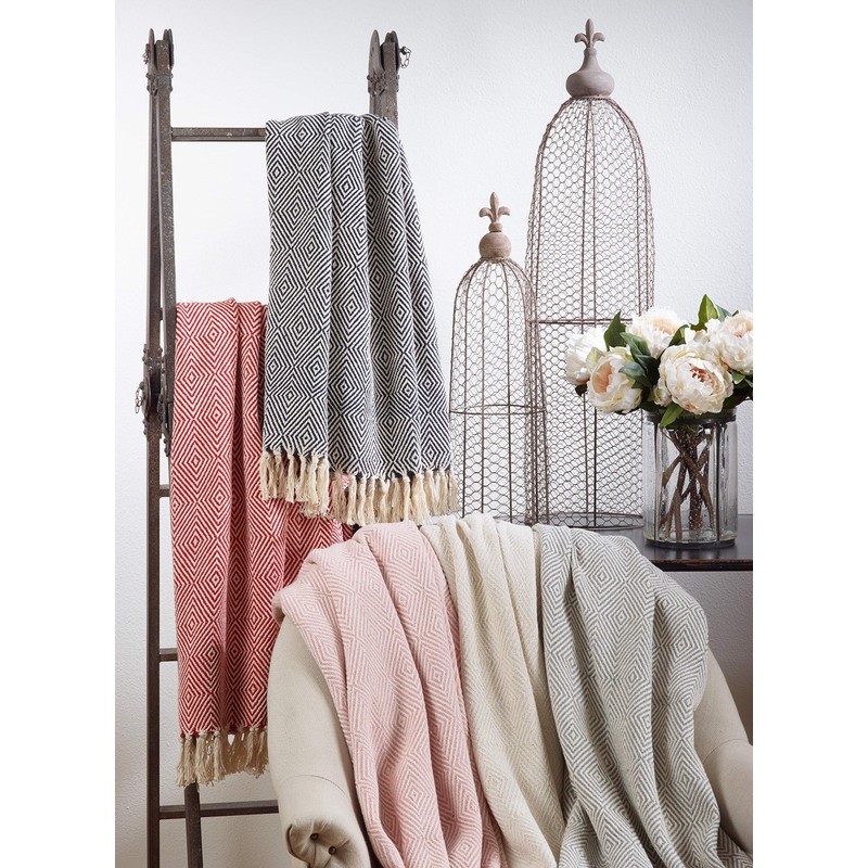 SARO LIFESTYLE Sevan Collection Soft Cotton Diamond Weave Throw, Ivory