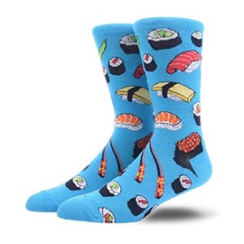 KoolHour Mens Crazy Wonder Funky Cartoon Food Sushi Fashion Patterned Cotton Comfy Cool Mid Calf Casual Dress Novelty Socks for Gifts,Blue 1 Pair