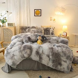 Jameswish Jameswish Shaggy Plush Duvet Cover Set Super Soft Fluffy Faux Fur Comforter Cover Set Luxury Fuzzy Bedding Set 3 Piece(1Duvet Cover+2Pillowcases) with Zipper Closure(Queen Size,Gray White Ombre)