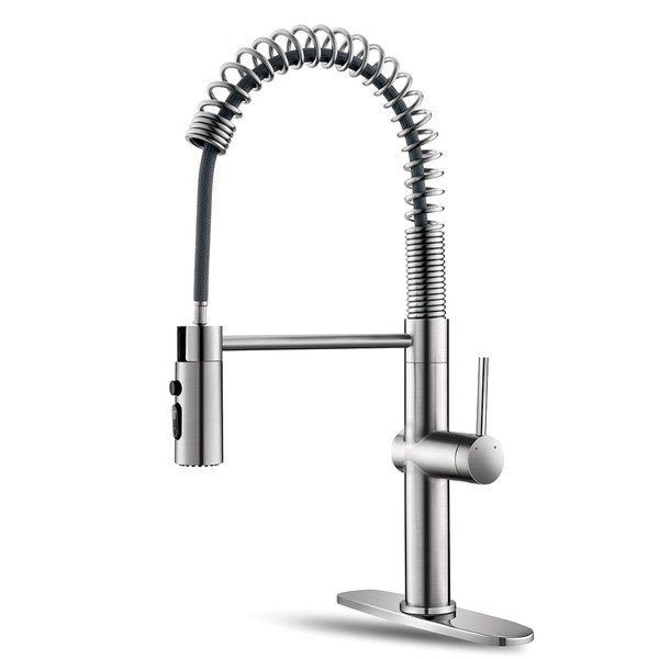 OWOFAN Pull Out Kitchen Faucet Low Lead Commercial Single Handle Pull Down Sprayer Spring Kitchen Sink Faucet Brushed Nickel Kitchen Faucets with Deck Plate 866055SN