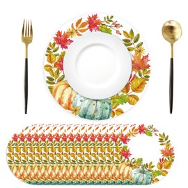 Fall Placemats Pumpkin Leaves Paper Placemats Disposable 50 Pack Thanksgiving Placemats Autumn Harvest Decorative Place Mats 13.7 Inch Round Table Mats for Farmhouse Home Party Dining Table Decor