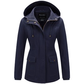 Pursky Spring Coats For Women Cargo Utility Jackets Military Jacket Cotton Coat Womens Lightweight Drawstring Waist Safari Anorak With Pockets Navy Blue 2XL