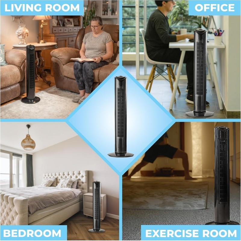 EZ-CHILL 32" 3-Speed Oscillating Portable Tower Fan, 90 Degree Oscillation,