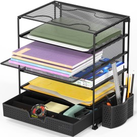 Simple Houseware Bandeja de archivos de documentos de 5 niveles con cajón deslizante y cubo para bolígrafos, color negro