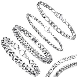 Mikqky Pack of 4 Men's Silver Cuban Bracelets, Curb Chain Bracelets, Stainless Steel, Curb Bracelet, Link Bracelet, Stainless Steel Curb Bracelet for Men, 19 cm - 21 cm (Silver), Stainless Steel