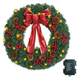 Christmas Wreath Decorations - 22" Artificial Christmas Wreath for Front Door with Large Red Bow, Red Berries and Pine Cones for Xmas Wall Window Outside