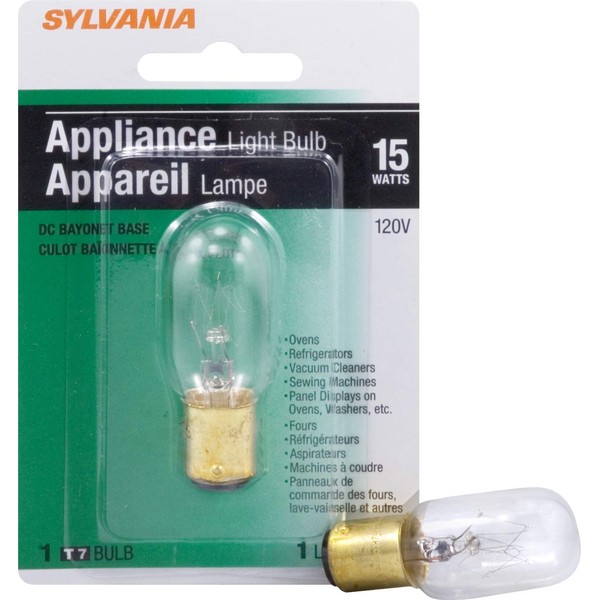 SYLVANIA Incandescent Appliance Light Bulb, 15W, T7, 110 Lumens, 120 Volts, Double Contact, Bayonet Base, Clear Finish (18200), Warm White, 1 Count (Pack of 1)