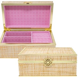 Lilly Pulitzer Jewelry Case Organizer, Raffia Jewelry Box for Women with Suede Interior, Cute Jewelry Organizer Holds Necklaces, Rings, Bracelets, Gold Raffia