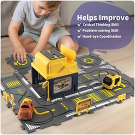 YOOYID Puzzle Track Car Play Set with Light and Music Bus Stop and 2 Cars, Floor Puzzles for Kids Ages 3-5, Gift for 3 4 5 Year Old Boys, Toys for Ages 2-4 Boys, Toddler Toys 3-4 (Light & Music)