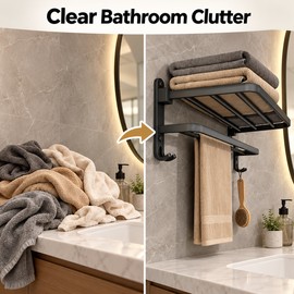 Matte Black 50CM Folding Towel Rack – Wall-Mounted Aluminum Towel Holder with Hooks for Bathroom & Kitchen