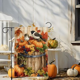 Fall Chickadee Garden Flag, Autumn Pumpkin Harvest Wooden Barrel Outdoor for Decor, Double Sided Burlap Maple Leaf Farmhouse Home Decor Yard Party Thanksgiving Decoration 12x18 Inch