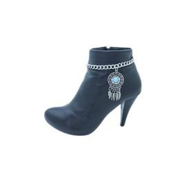 TrendyFashionJewelry TFJ Women Boot Bracelet Western Silver Metal Chain Shoe Ethnic Bling Feather Charm Anklet Turquoise Blue