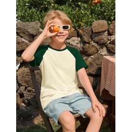 Haloumoning Boys Short Sleeve Raglan T Shirts Kids Basic Color-Block Tops Crewneck Tees 5-14 Years Dark Green