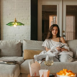 GloMuse Pendant Light Kitchen Lights Glass Hanging Light Fixture Folwer Light Pendant Lights Modern Lighting for Bedroom Kitchen Hallway Bathroom Green Sunflower