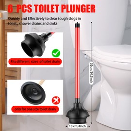 Domensi 6 Pcs Rubber Toilet Plunger with Double Thrust Force Suction Cup Heavy Duty Plunger Long Wooden Handle Toilet Bowl Plunger Pump Clogged Toilet Solution for Bathroom Stores Restaurants