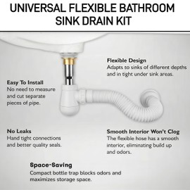 Universal Flexible Bottle Trap for Bathroom Sink Drain - 1-1/4 Inch P-Trap Replacement Kit, Expandable Hose (10"-30"), Anti-Odor & Clog-Free, Fits RV, Pedestal & Vessel Sinks, Tool-Free Installation