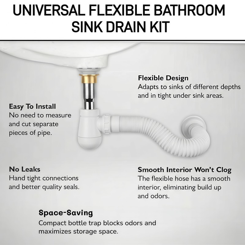Universal Flexible Bottle Trap for Bathroom Sink Drain - 1-1/4