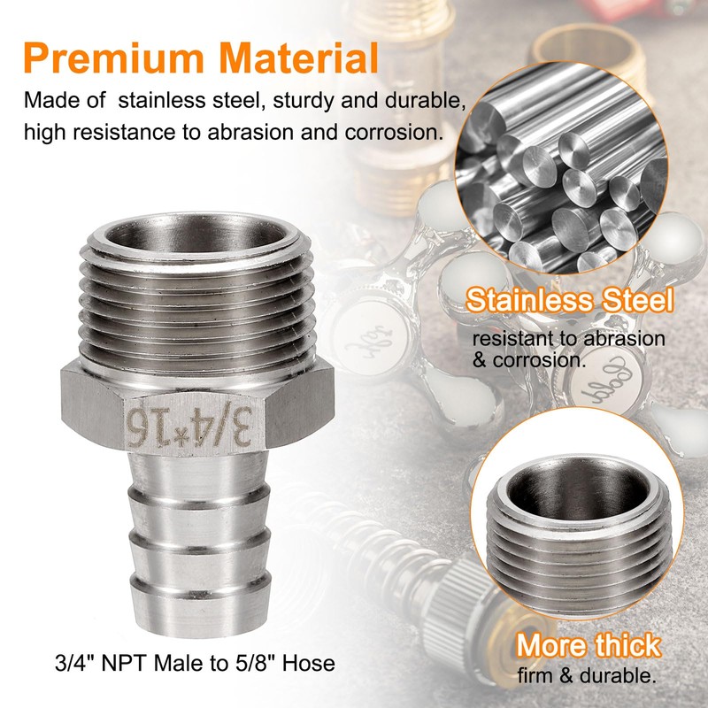 sourcing map Stainless Steel Barbed Fitting 3/4" NPT Male to