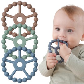 3 Pack Ring Teether, Silicone Teething Ring Toys for Babies 0-6 Months, Seposeve Baby Teethers 6-12 Months 12-24 Months, Easy to Grasp Toy for Baby Teething Relief, Brown Green Blue