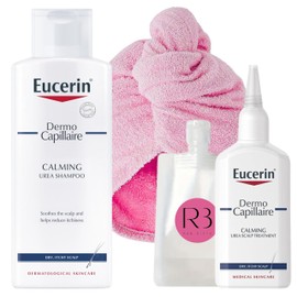 Itchy Scalp Treatment Bundle with Eucerin Scalp Treatment 100ml and Eucerin Shampoo 250ml with Rab Gifts Hair Wrap and Travel Bottle