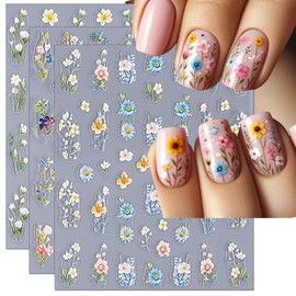 IDDFEVE Embossed Flower Nail Art Stickers - Daisy Floral Leaf Self-Adhesive 5D Nail Decals for DIY Spring Summer Manicure (3 Sheets)