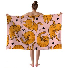 WZOMT Microfiber Cat Beach Towel, Cat Towel, Cute Orange Cat on Pink Bath Towel for Kids Girls Women, Cat Towels for Cat Lovers, Kawaii Kitty Kitten Swim Pool Towels, Oversized 32x52 Inch
