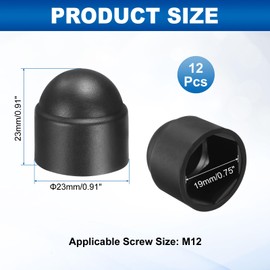 sourcing map 12Pcs Hex Nut Cover, M12x19x23mm Plastic Dome Nut Protection Cap Hex Screws Bolt Covers for Indoor Outdoor Furniture Automotive Bolts Decoration, Black