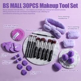 BS-MALL Makeup Brushes Set 30 Pcs – Including Face Washing Puffs, Waterproof Travel Set, and Finger Sponge for All Your Beauty Needs (Black)