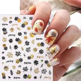 8 Sheets Black Gold Fall Maple Leaf Nail Art Stickers Self-Adhesive Autumn Nail Decals Laser Gold Leaves Nail Design Thanksgiving Nail Supplies Autumn Leaves Nail Decor for Women Manicure Accessories