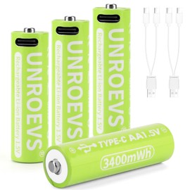 UNROEVS USB Rechargeable Lithium AA Batteries, 3400mWh 1.5V Rechargeable Double A Battery with 2-in-1 USB-C Cable,2H Fast Charge, Over 1200 Cycles. (4 Packs)