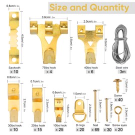 DazSpirit 250 PCS Picture Hanging kit, Picture Hooks, Picture Hanging Hooks, Photo Hanging kit, Picture Frame Hangers with Wall Nails, Hanging Wire, Saw Tooth, D Ring, Screw Eyes