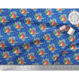 Soimoi Blue Poly Crepe Fabric Leaves Tropical Print Fabric by Yard 52 Inch Wide