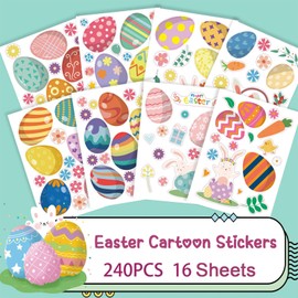 240Pcs Easter Stickers Cute Bunny Decals Colorful Easter Egg Label Stickers Rabbits Eggs Flowers Cartoon Decal Holiday Self-Adhesive Paper Supplies for Envelope Cards Walls Refrigerators