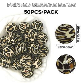 YOKUSHI 50PCS Leopard Printed Silicone Beads 15mm Bulk, Print Silicone Beads for Keychain Making Bulk, Loose Rubber Beads Silicone Focal Beads for Pens Necklace Bracelet Lanyard Making (Leopard)