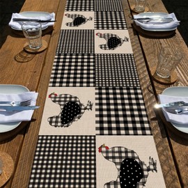 Seliem Farm Animal Chicken Hen Black White Buffalo Plaid Check Table Runner, Farmhouse Chick Home Kitchen Holiday Spring Summer Decor, Easter Country Rustic Burlap Dining Decoration Party Supply 13x72